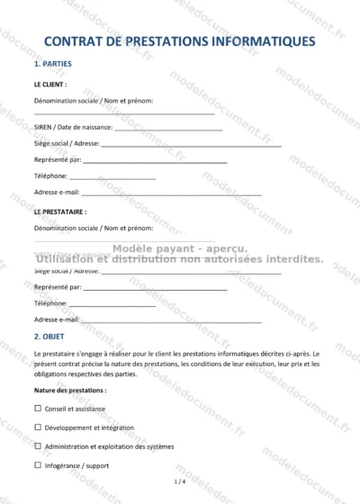 Contrat de prestations informatiques — modèle à télécharger, aperçu de la page 1 sur 4