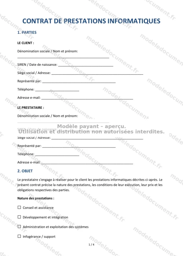 Contrat de prestations informatiques — Modèle Word & PDF