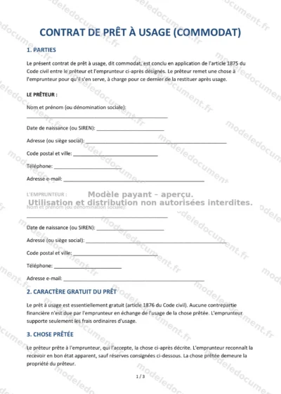 Contrat de prêt à usage (commodat) — modèle à télécharger, aperçu de la page 1 sur 3