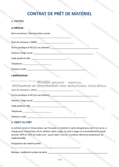 Contrat de prêt de matériel — modèle à télécharger, aperçu de la page 1 sur 3