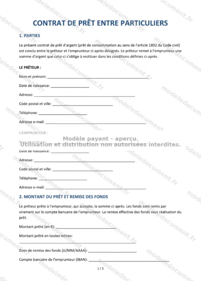 Contrat de prêt entre particuliers — modèle à télécharger, aperçu de la page 1 sur 3