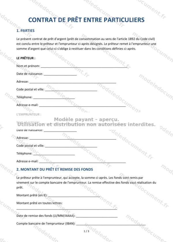 Contrat de prêt entre particuliers — Modèle Word & PDF