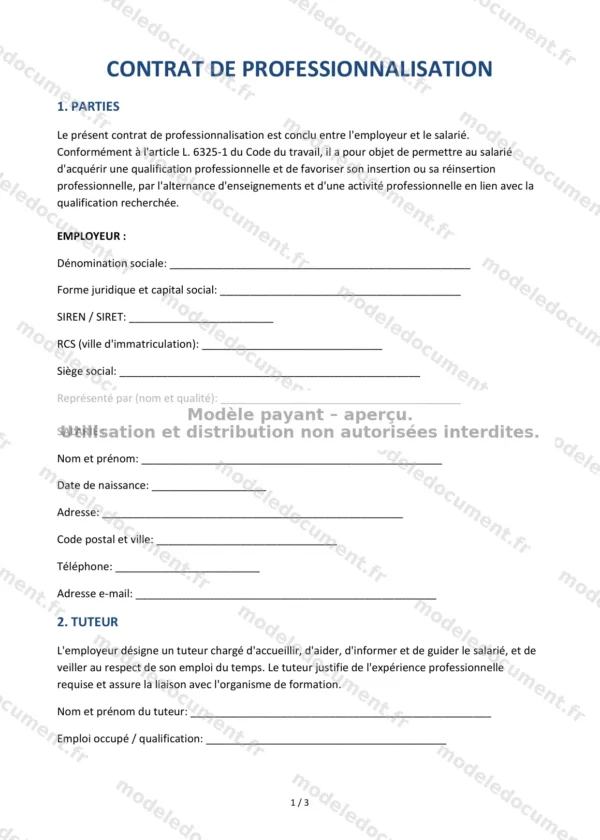 Contrat de professionnalisation — Modèle Word & PDF