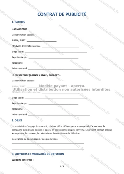 Contrat de publicité — modèle à télécharger, aperçu de la page 1 sur 4