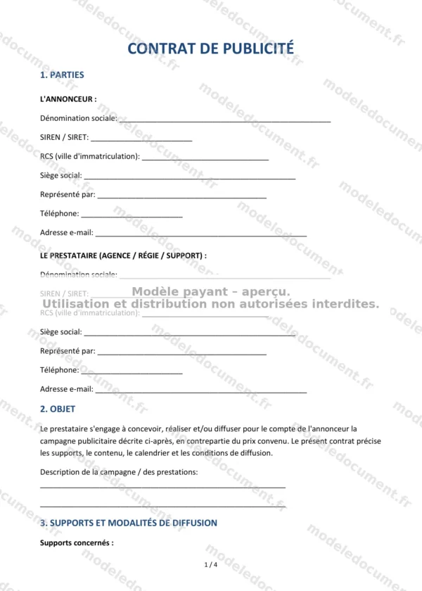 Contrat de publicité — Modèle Word & PDF
