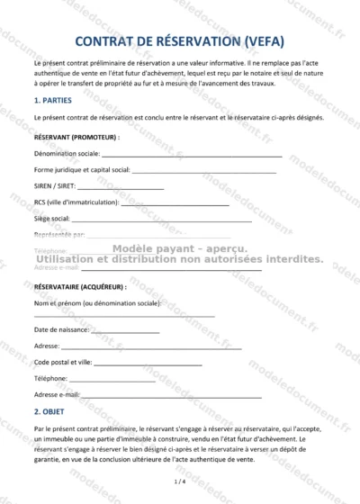 Contrat de réservation VEFA — modèle à télécharger, aperçu de la page 1 sur 4