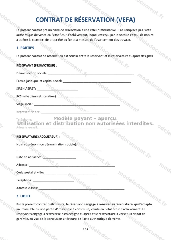 Contrat de réservation VEFA — Modèle Word & PDF