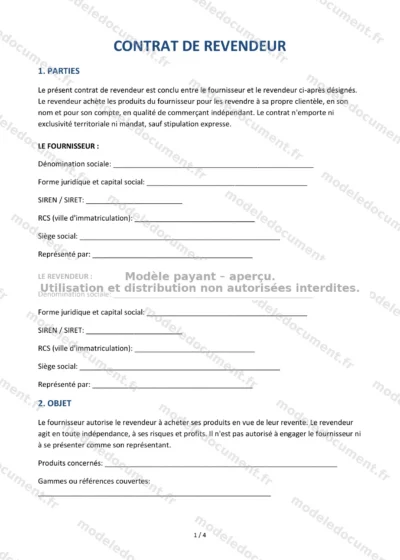 Contrat de revendeur — modèle à télécharger, aperçu de la page 1 sur 4