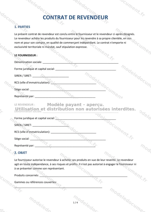 Contrat de revendeur — Modèle Word & PDF