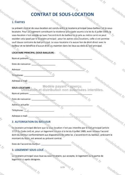 Contrat de sous-location — modèle à télécharger, aperçu de la page 1 sur 3