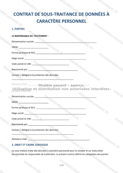 Contrat de sous-traitance de données (RGPD) — modèle à télécharger, aperçu de la page 1 sur 4