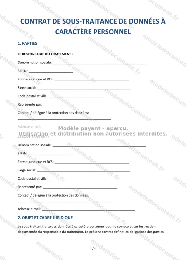 Contrat de sous-traitance de données (RGPD) — Modèle Word & PDF