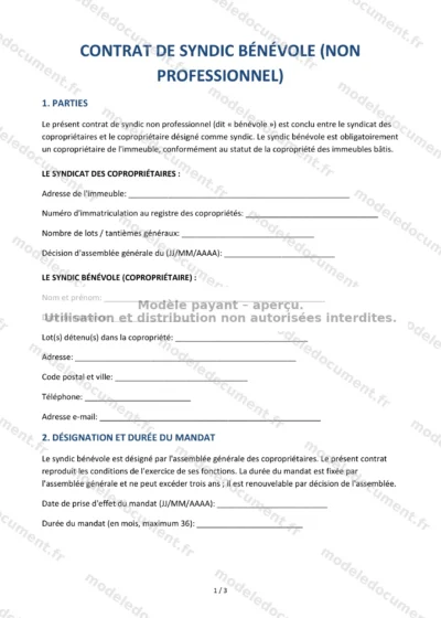 Contrat de syndic bénévole — modèle à télécharger, aperçu de la page 1 sur 3