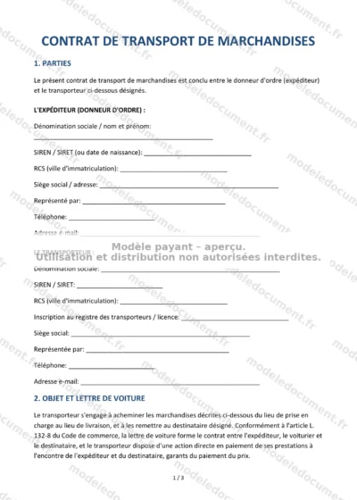 Contrat de transport de marchandises — modèle à télécharger, aperçu de la page 1 sur 3