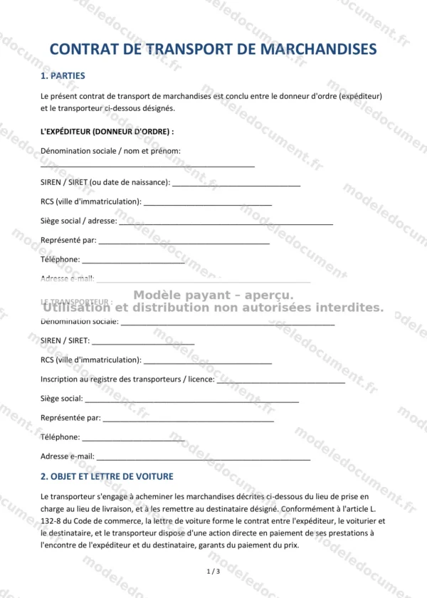 Contrat de transport de marchandises — Modèle Word & PDF