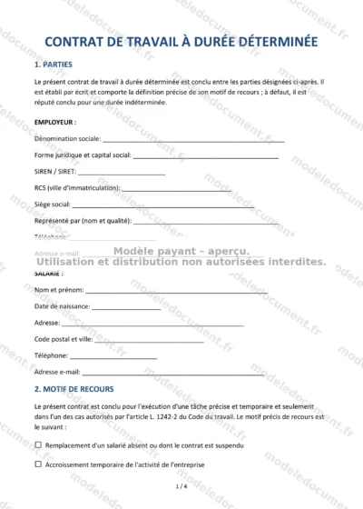 Contrat de travail à durée déterminée (CDD) — modèle à télécharger, aperçu de la page 1 sur 4
