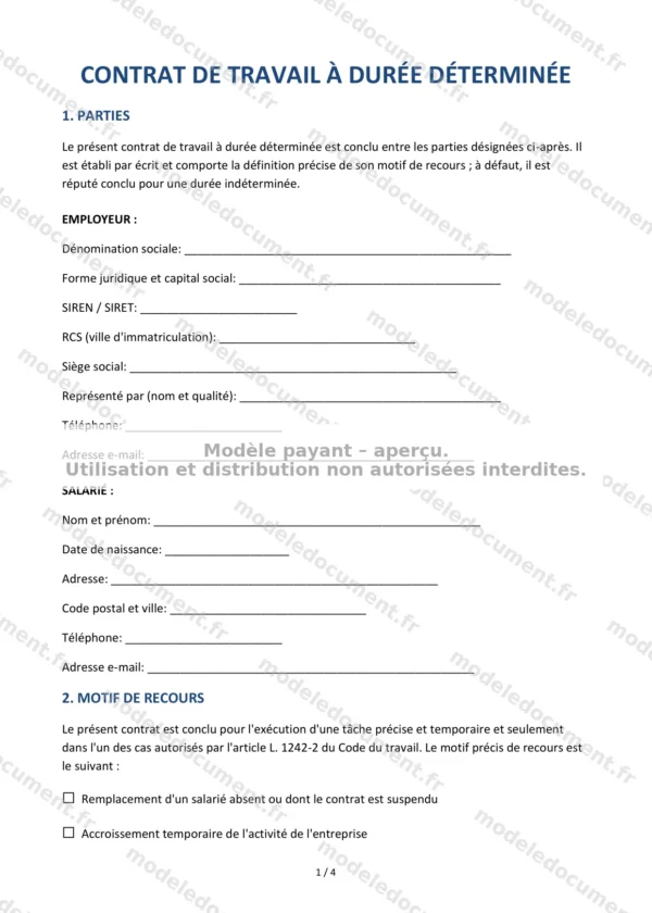 Contrat de travail à durée déterminée (CDD) — Modèle Word & PDF