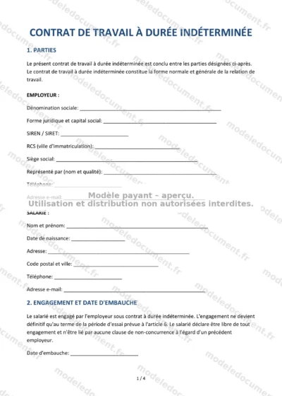 Contrat de travail à durée indéterminée (CDI) — modèle à télécharger, aperçu de la page 1 sur 4