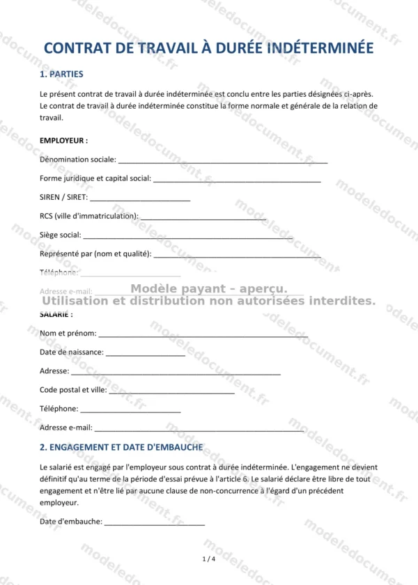Contrat de travail à durée indéterminée (CDI) — Modèle Word & PDF
