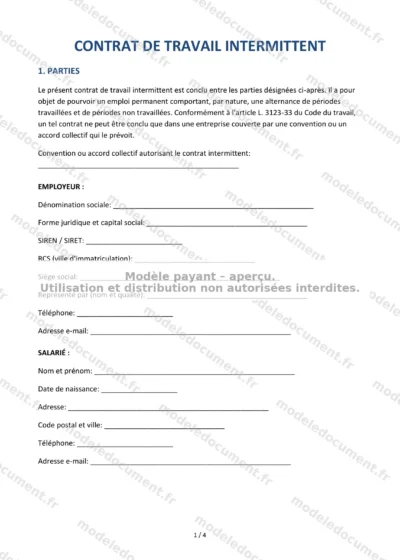 Contrat de travail intermittent — modèle à télécharger, aperçu de la page 1 sur 4