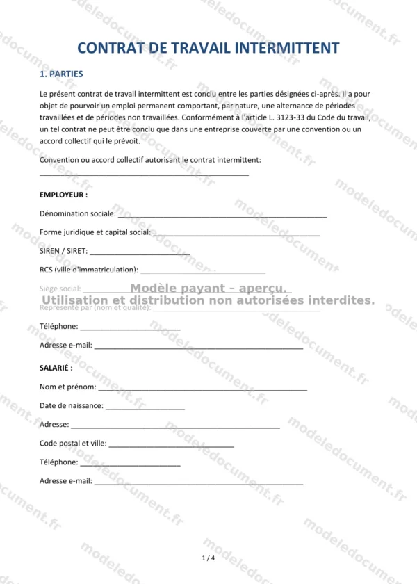 Contrat de travail intermittent — Modèle Word & PDF