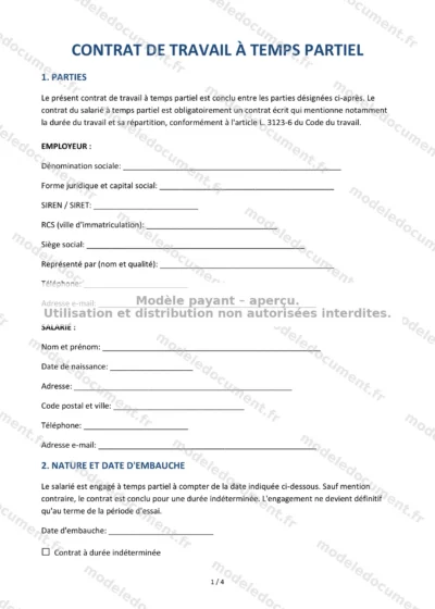 Contrat de travail à temps partiel — modèle à télécharger, aperçu de la page 1 sur 4