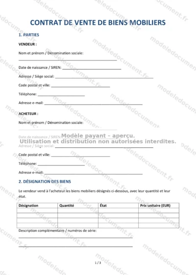 Contrat de vente de biens mobiliers — modèle à télécharger, aperçu de la page 1 sur 3
