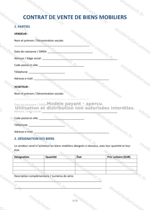 Contrat de vente de biens mobiliers — Modèle Word & PDF