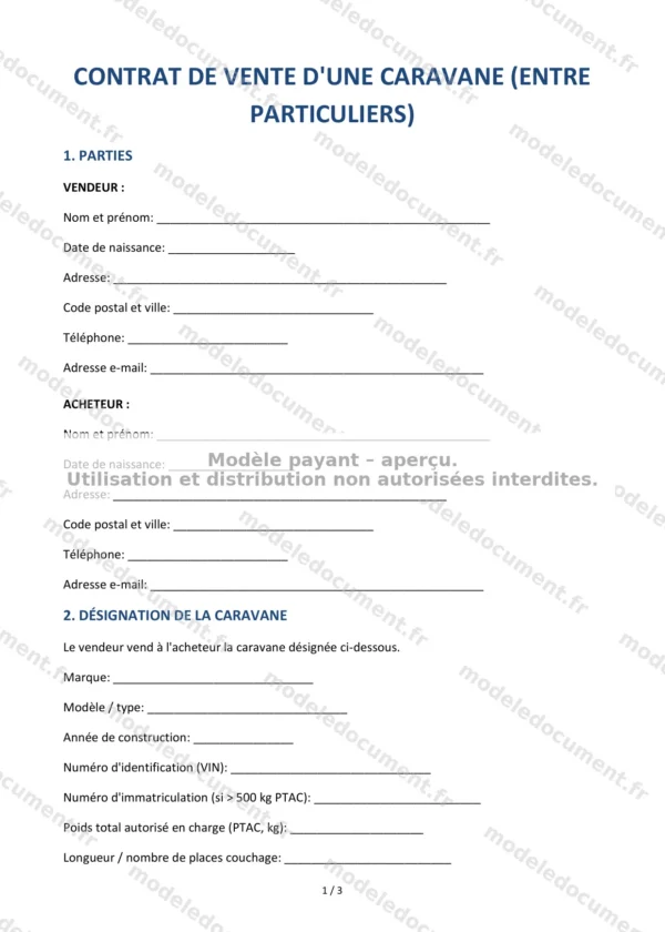 Contrat de vente d&rsquo;une caravane (entre particuliers) — Modèle Word & PDF