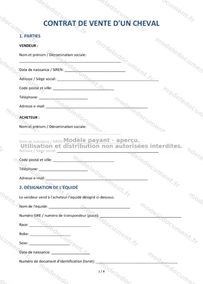 Contrat de vente d'un cheval — modèle à télécharger, aperçu de la page 1 sur 4
