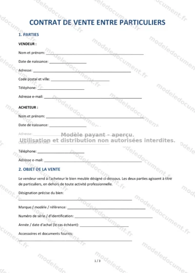 Contrat de vente entre particuliers — modèle à télécharger, aperçu de la page 1 sur 3