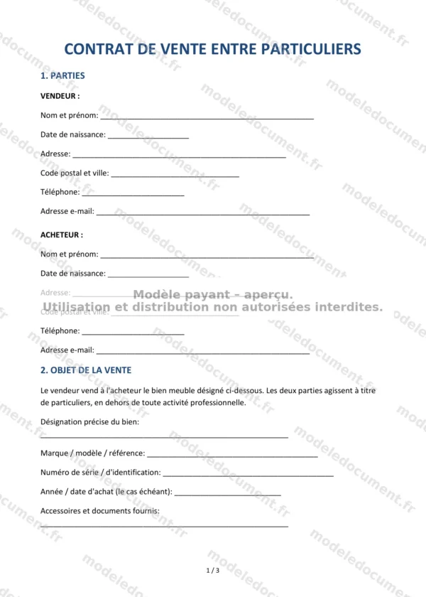 Contrat de vente entre particuliers — Modèle Word & PDF