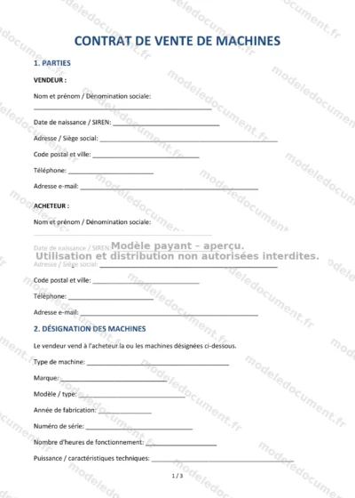 Contrat de vente de machines — modèle à télécharger, aperçu de la page 1 sur 3