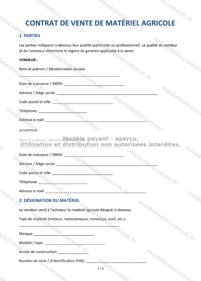 Contrat de vente de matériel agricole — modèle à télécharger, aperçu de la page 1 sur 3