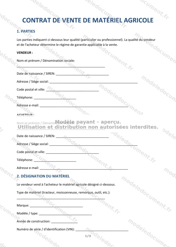 Contrat de vente de matériel agricole — Modèle Word & PDF
