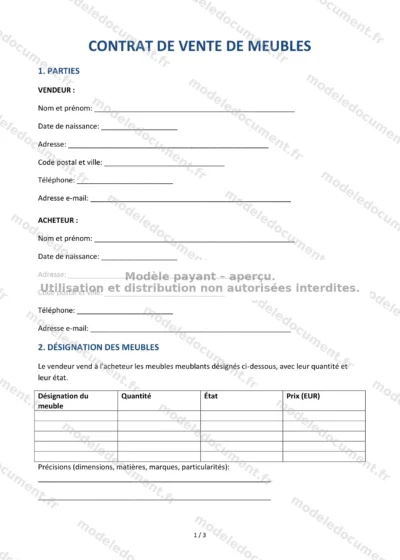 Contrat de vente de meubles — modèle à télécharger, aperçu de la page 1 sur 3