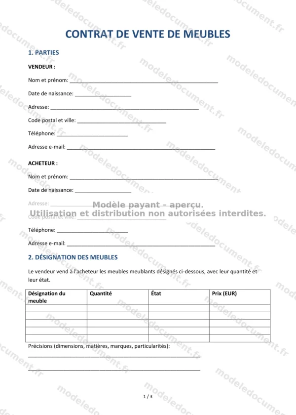 Contrat de vente de meubles — Modèle Word & PDF