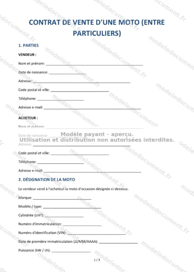 Contrat de vente d'une moto (entre particuliers) — modèle à télécharger, aperçu de la page 1 sur 3