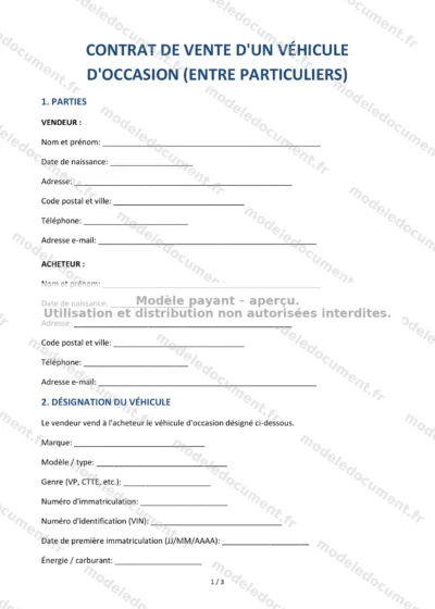 Contrat de vente d'un véhicule d'occasion (entre particuliers) — modèle à télécharger, aperçu de la page 1 sur 3