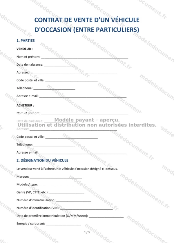 Contrat de vente d&rsquo;un véhicule d&rsquo;occasion (entre particuliers) — Modèle Word & PDF