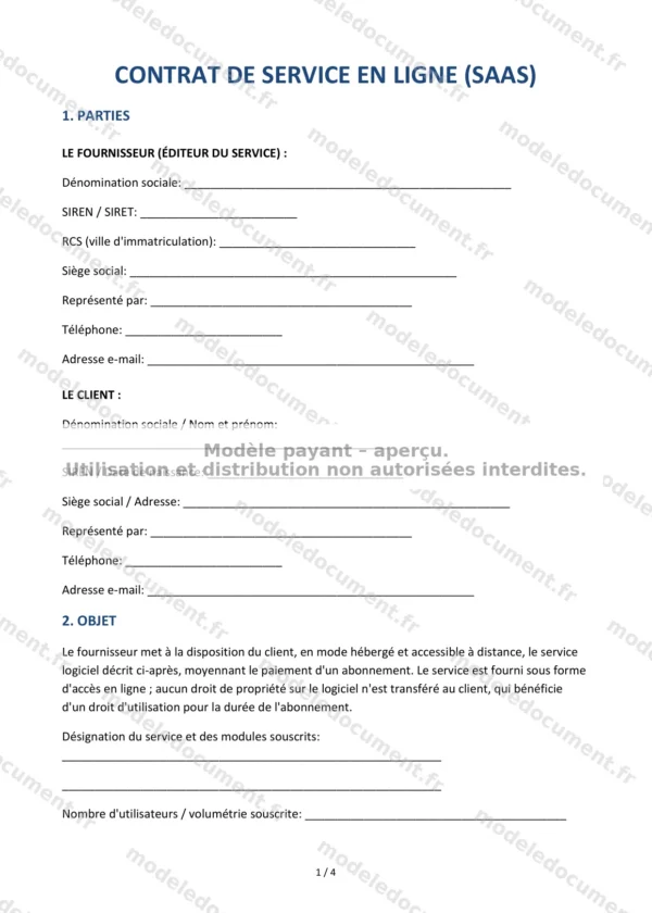 Contrat de service en ligne (SaaS) — Modèle Word & PDF
