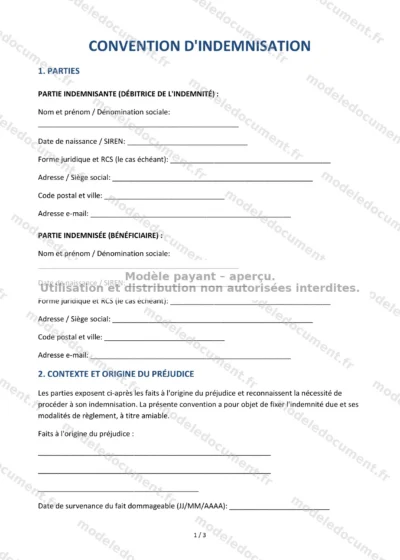 Convention d'indemnisation — modèle à télécharger, aperçu de la page 1 sur 3