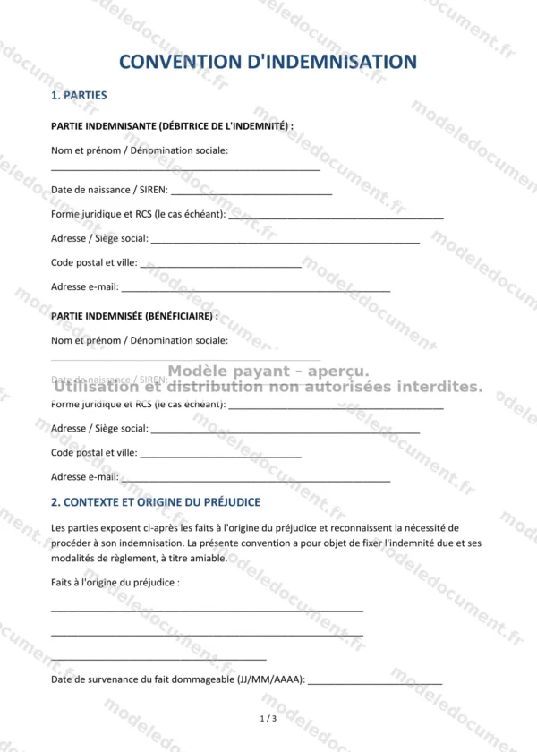 Convention d&rsquo;indemnisation — Modèle Word & PDF