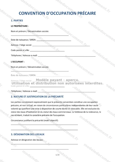 Convention d'occupation précaire — modèle à télécharger, aperçu de la page 1 sur 3