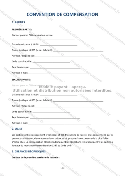 Convention de compensation — modèle à télécharger, aperçu de la page 1 sur 3