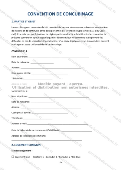 Convention de concubinage — modèle à télécharger, aperçu de la page 1 sur 4