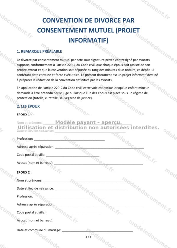 Convention de divorce par consentement mutuel (projet informatif) — Modèle Word & PDF
