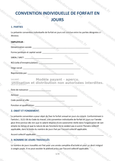 Convention individuelle de forfait en jours — modèle à télécharger, aperçu de la page 1 sur 3