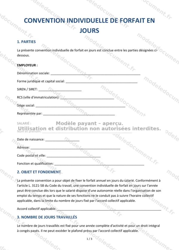 Convention individuelle de forfait en jours — Modèle Word & PDF