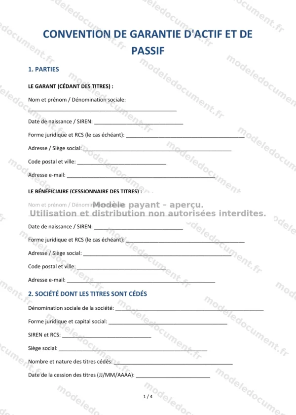 Convention de garantie d&rsquo;actif et de passif — Modèle Word & PDF
